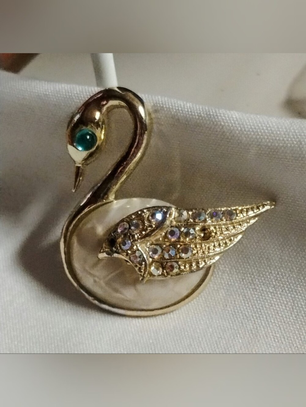 Vintage Gold Tone Rhinestone Swan Brooch Mother Of Pearl Cabochon Green Eye Pin